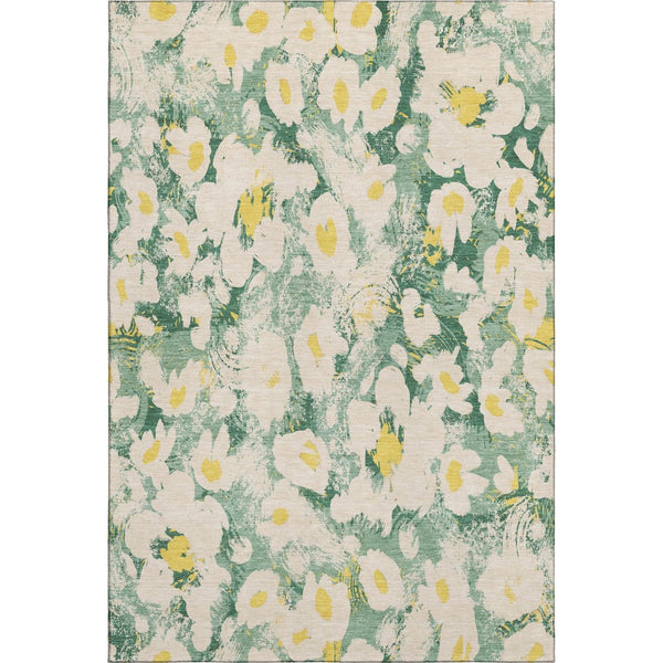 HomeRoots 8' X 10' Washable Floral Area Rug in Green, Yellow & Ivory – UV Protected, Stain Resistant Design 648164