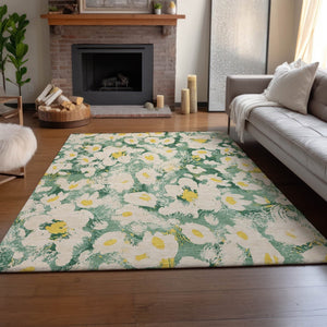 HomeRoots 8' X 10' Washable Floral Area Rug in Green, Yellow & Ivory – UV Protected, Stain Resistant Design 648164