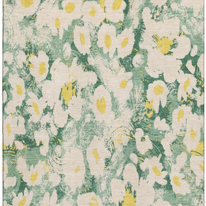 HomeRoots 8' X 10' Washable Floral Area Rug in Green, Yellow & Ivory – UV Protected, Stain Resistant Design 648164