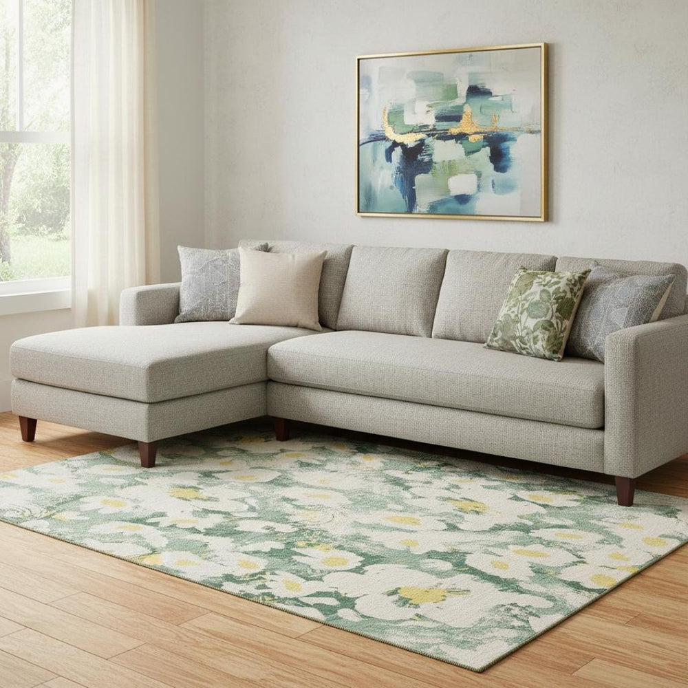 HomeRoots 9' X 12' Floral Area Rug in Green, Yellow, & Ivory – Washable, UV Protected, and Stain Resistant Design 648165