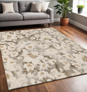 HomeRoots 5' X 8' Floral Washable Area Rug in Khaki Gray & Ivory - UV Protected, Stain-Resistant & Durable! 648168
