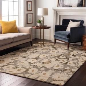 HomeRoots 5' X 8' Floral Washable Area Rug in Khaki Gray & Ivory - UV Protected, Stain-Resistant & Durable! 648168