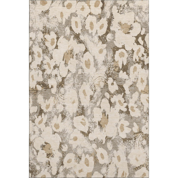 HomeRoots 5' X 8' Floral Washable Area Rug in Khaki Gray & Ivory - UV Protected, Stain-Resistant & Durable! 648168
