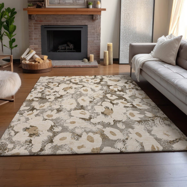 HomeRoots 5' X 8' Floral Washable Area Rug in Khaki Gray & Ivory - UV Protected, Stain-Resistant & Durable! 648168
