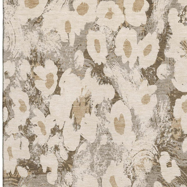 HomeRoots 5' X 8' Floral Washable Area Rug in Khaki Gray & Ivory - UV Protected, Stain-Resistant & Durable! 648168