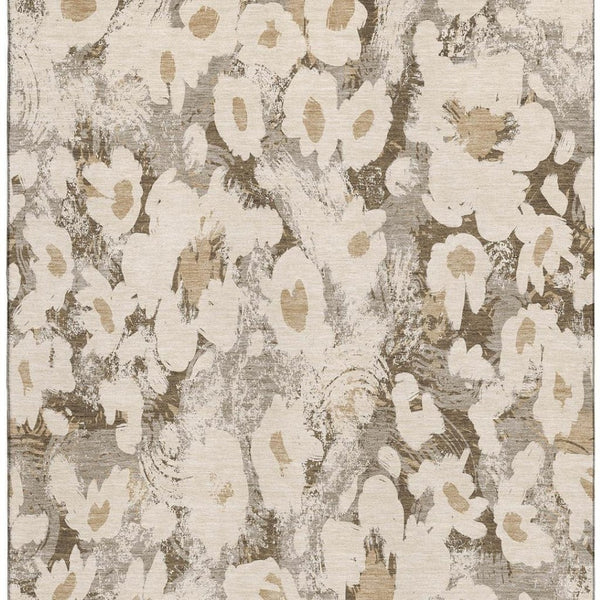 HomeRoots 5' X 8' Floral Washable Area Rug in Khaki Gray & Ivory - UV Protected, Stain-Resistant & Durable! 648168