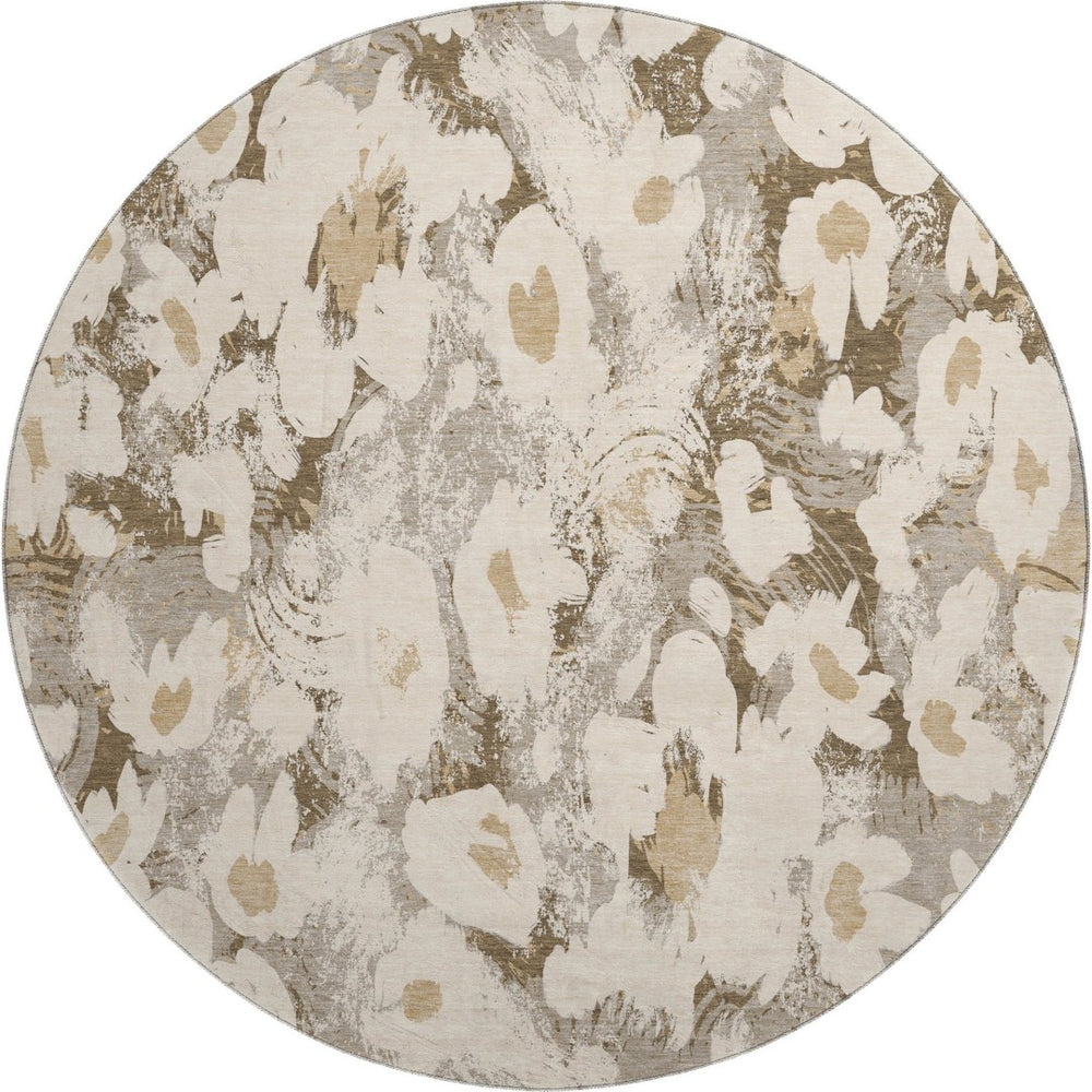 HomeRoots 8' Khaki Gray and Ivory Floral Round Rug - Washable, UV Protected, Ideal for Busy Homes & Decor 648169