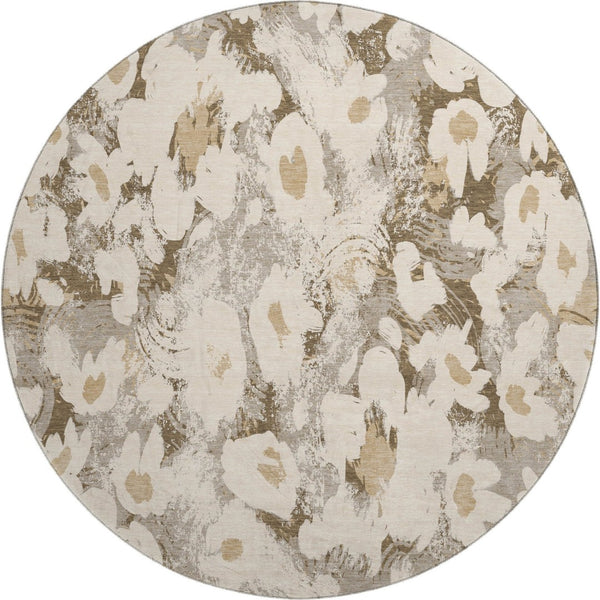 HomeRoots 8' Khaki Gray and Ivory Floral Round Rug - Washable, UV Protected, Ideal for Busy Homes & Decor 648169