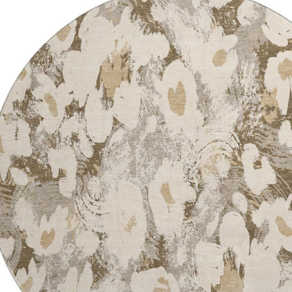 HomeRoots 8' Khaki Gray and Ivory Floral Round Rug - Washable, UV Protected, Ideal for Busy Homes & Decor 648169