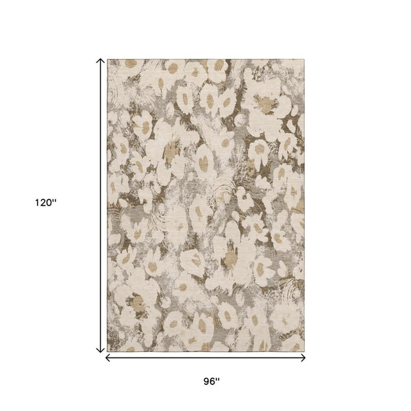 HomeRoots 8' X 10' Washable Khaki Gray & Ivory Floral Area Rug with UV Protection for Stylish, Busy Homes 648170