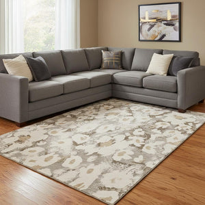 HomeRoots 8' X 10' Washable Khaki Gray & Ivory Floral Area Rug with UV Protection for Stylish, Busy Homes 648170