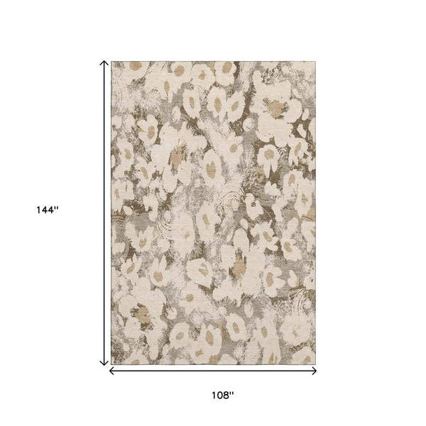 HomeRoots 9' X 12' Khaki Gray Floral Area Rug - Durable, Washable with UV Protection for Busy Homes & Styles 648171