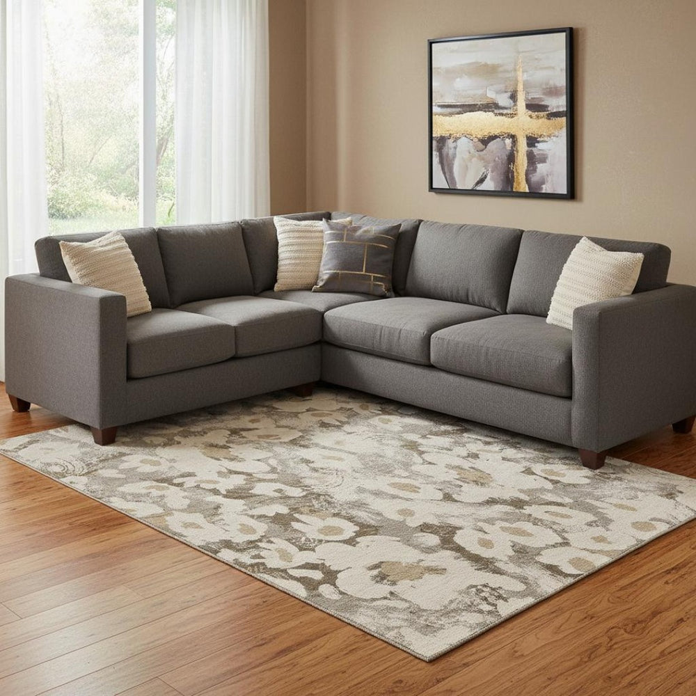 HomeRoots 9' X 12' Khaki Gray Floral Area Rug - Durable, Washable with UV Protection for Busy Homes & Styles 648171