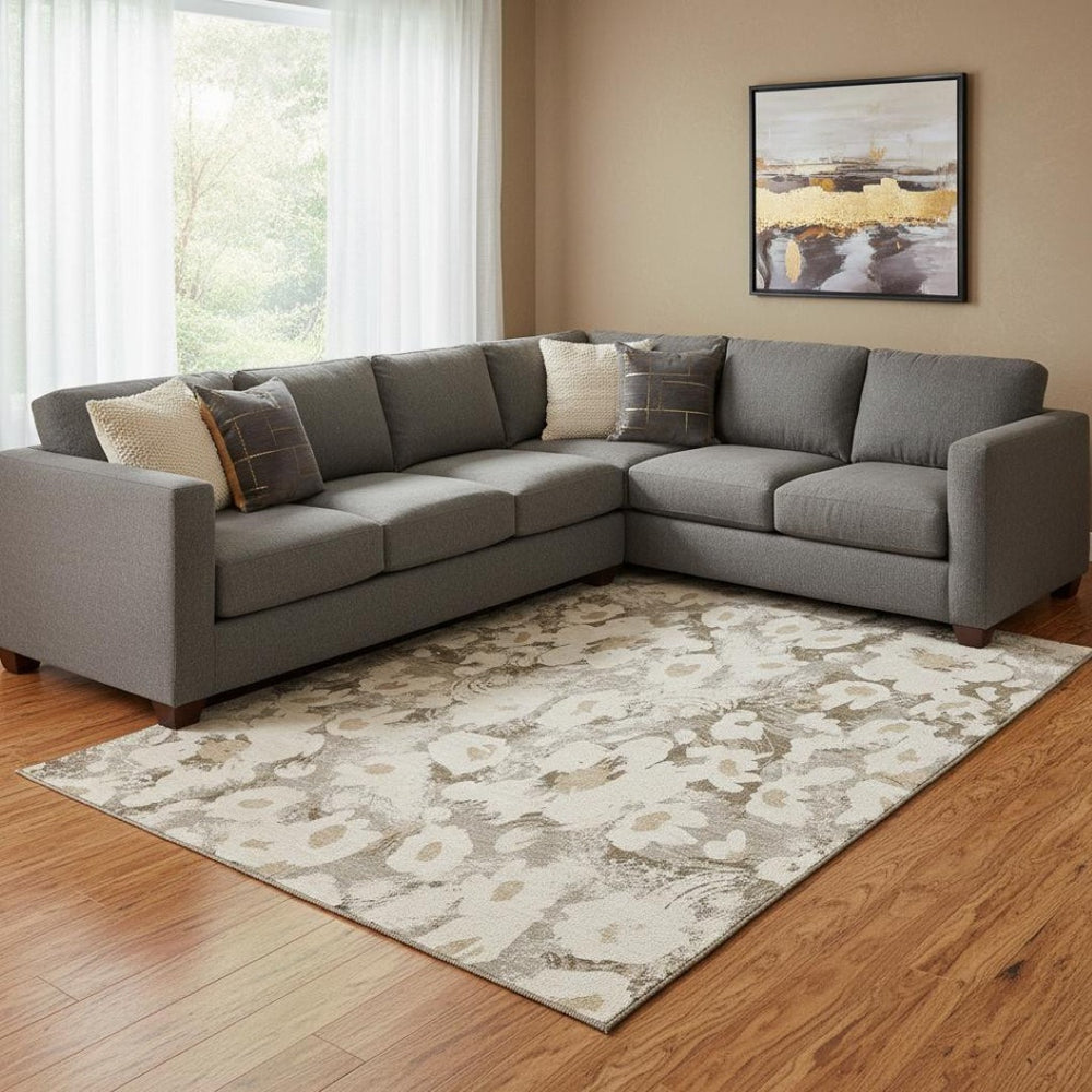 HomeRoots 10' Khaki Gray & Ivory Floral Area Rug - Washable, UV Protected, Durable for Busy Homes & Stylish Spaces 648172