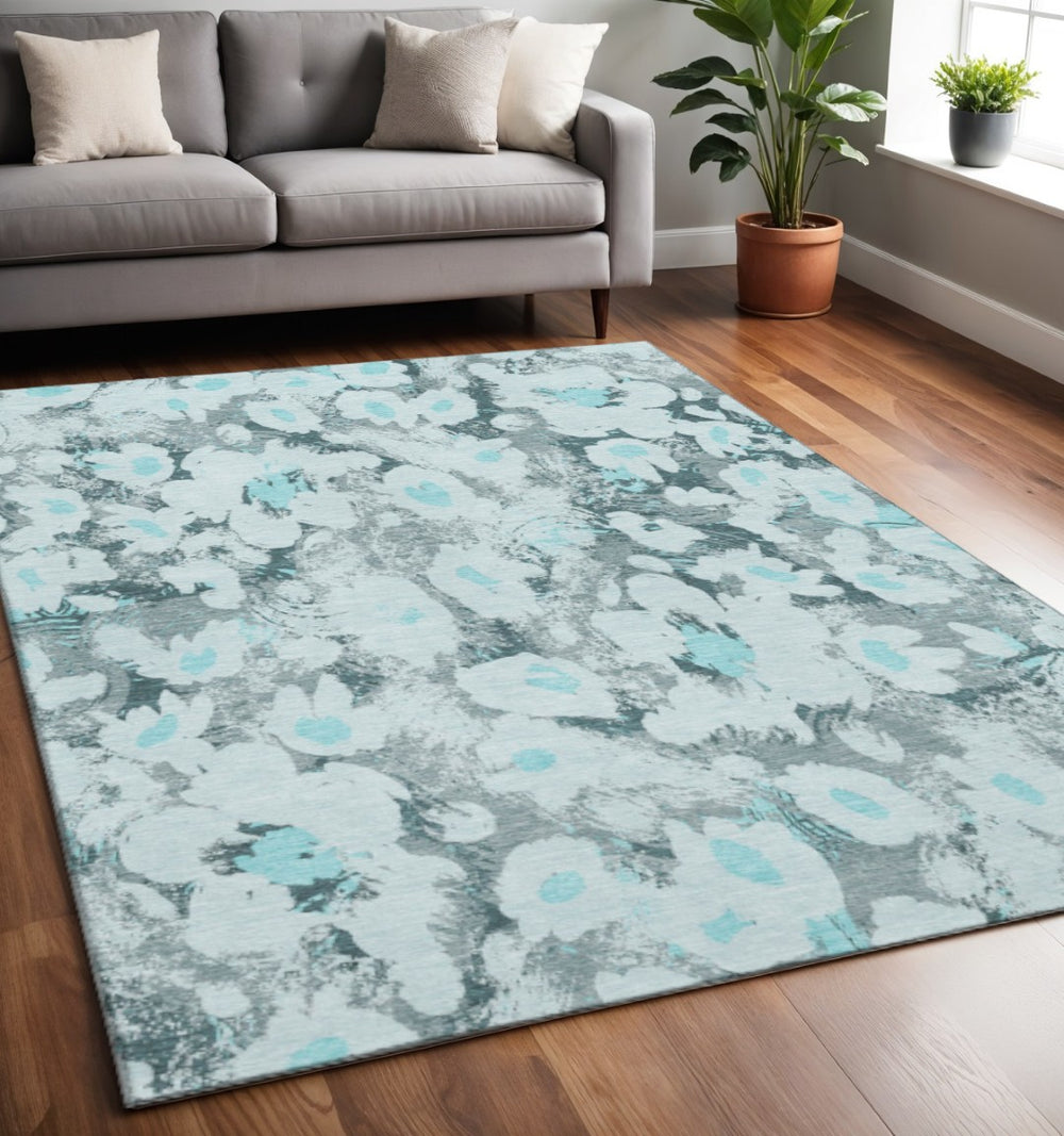 HomeRoots 5' X 8' Transitional Teal Gray Ivory Floral Area Rug - Washable, UV Protected, Stain-Resistant Design 648174