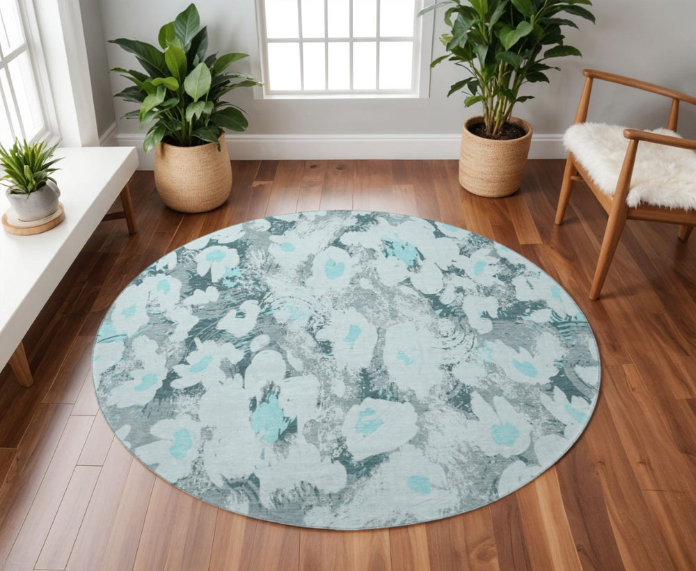 HomeRoots 8' Teal Gray and Ivory Floral Area Rug - Washable, UV-Protected, Durable & Perfect for Busy Homes! 648175