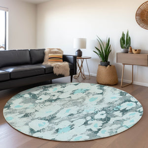 HomeRoots 8' Teal Gray and Ivory Floral Area Rug - Washable, UV-Protected, Durable & Perfect for Busy Homes! 648175