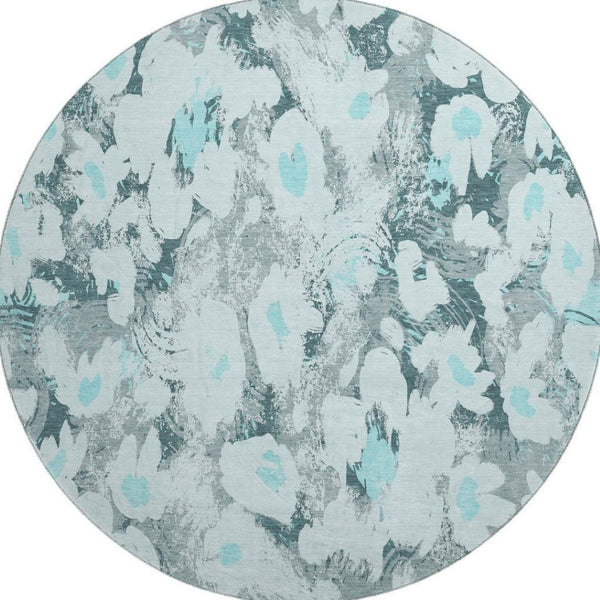 HomeRoots 8' Teal Gray and Ivory Floral Area Rug - Washable, UV-Protected, Durable & Perfect for Busy Homes! 648175