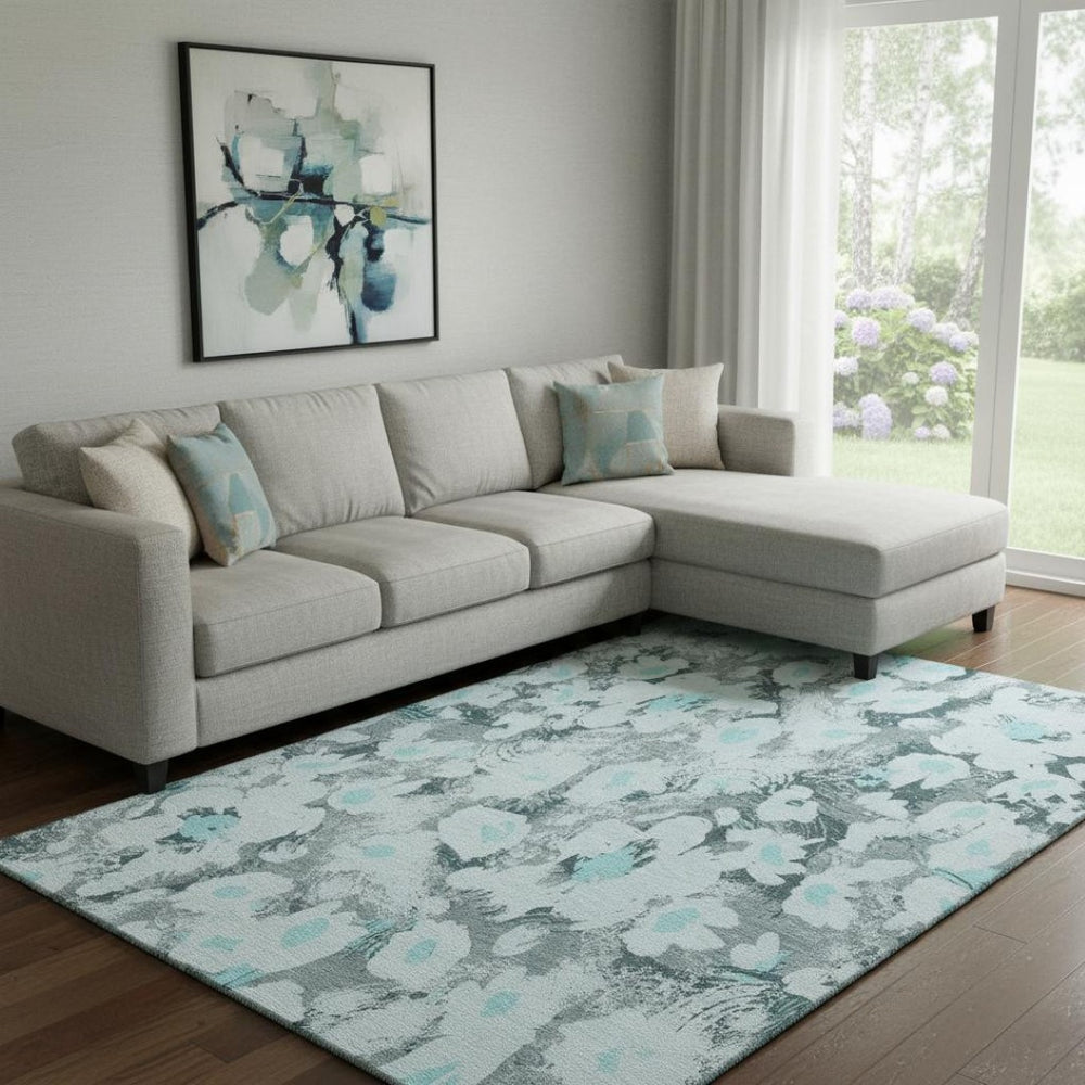 HomeRoots 8' X 10' Elegant Teal Gray & Ivory Floral Area Rug – Washable, UV Protection, Stain Resistant Design 648176