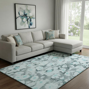 HomeRoots 8' X 10' Elegant Teal Gray & Ivory Floral Area Rug – Washable, UV Protection, Stain Resistant Design 648176