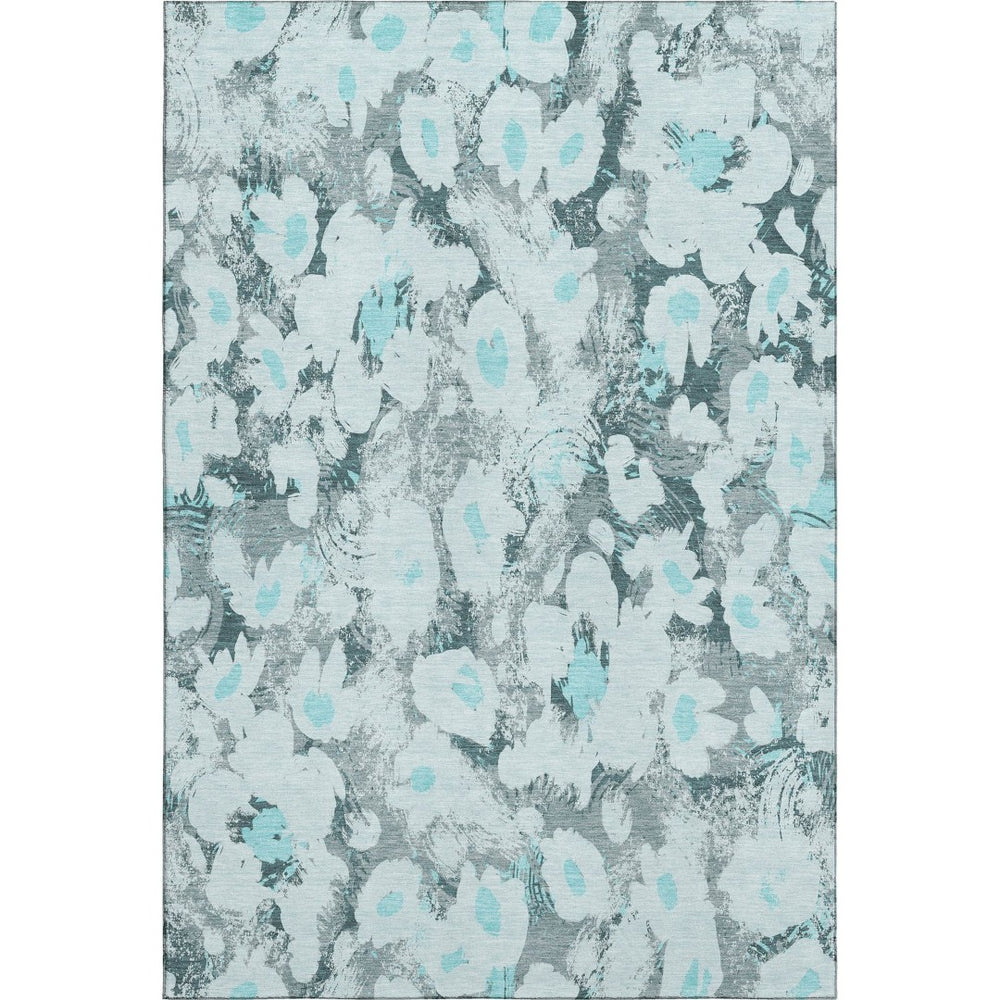 HomeRoots 8' X 10' Elegant Teal Gray & Ivory Floral Area Rug – Washable, UV Protection, Stain Resistant Design 648176