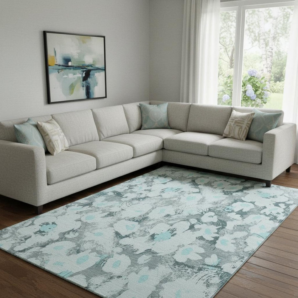 HomeRoots 9' X 12' Floral Area Rug in Teal, Gray & Ivory - Washable, UV Protected for Busy Homes & Style 648177