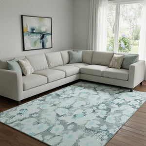 HomeRoots 9' X 12' Floral Area Rug in Teal, Gray & Ivory - Washable, UV Protected for Busy Homes & Style 648177