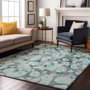 HomeRoots 10' X 14' Elegant Teal Gray Floral Area Rug - Washable, UV Protected, Durable & Pet Friendly Design 648178