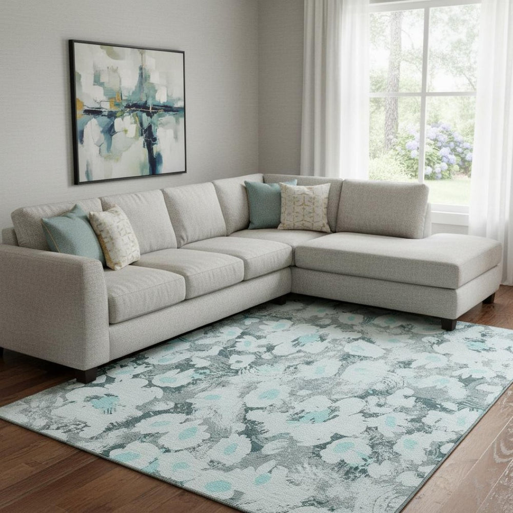 HomeRoots 10' X 14' Elegant Teal Gray Floral Area Rug - Washable, UV Protected, Durable & Pet Friendly Design 648178