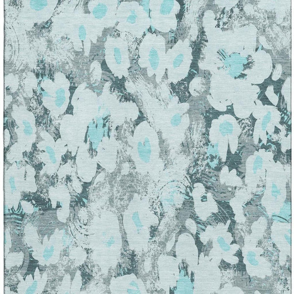 HomeRoots 10' X 14' Elegant Teal Gray Floral Area Rug - Washable, UV Protected, Durable & Pet Friendly Design 648178