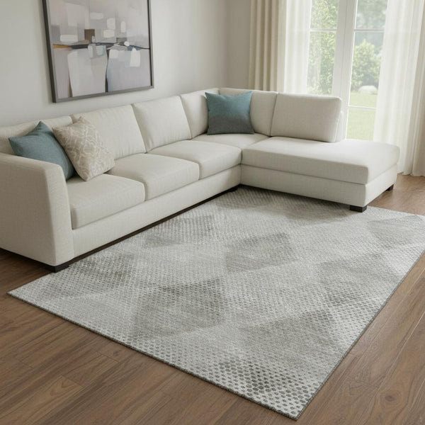 HomeRoots 9' X 12' Gray And Ivory Geometric Area Rug - Washable, Stain Resistant, UV Protected for Modern Homes 648189