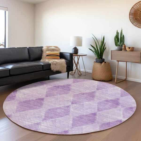 HomeRoots 8' Lavender and Ivory Geometric Round Rug - Washable, UV Protected, Durable for Busy Homes 648199