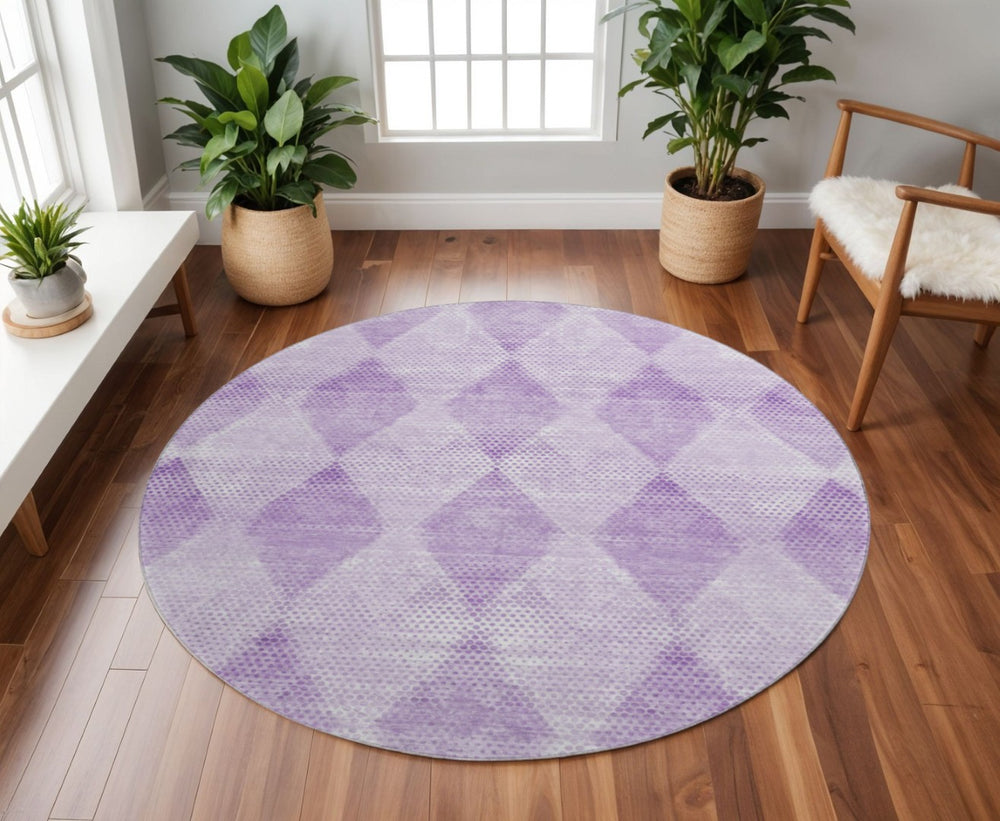 HomeRoots 8' Lavender and Ivory Geometric Round Rug - Washable, UV Protected, Durable for Busy Homes 648199