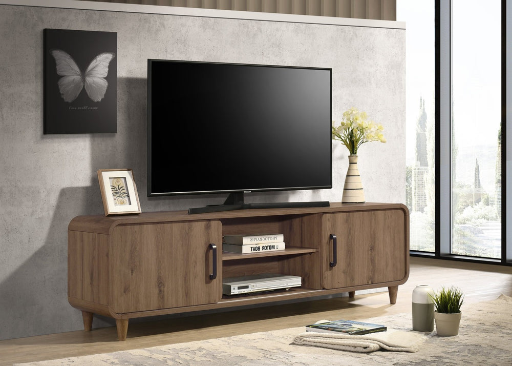 English Elm 1pc Mid-century Wooden Tv Stand with Sliding Doors Tapered Legs Warm Brown Finish B2741P482245