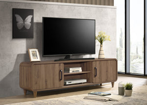 English Elm 1pc Mid-century Wooden Tv Stand with Sliding Doors Tapered Legs Warm Brown Finish B2741P482245