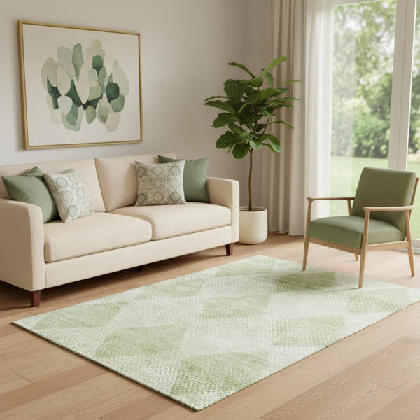 HomeRoots 5' X 8' Mint Green Geometric Area Rug – Washable, UV Protected, Stain Resistant for Busy Homes 648210