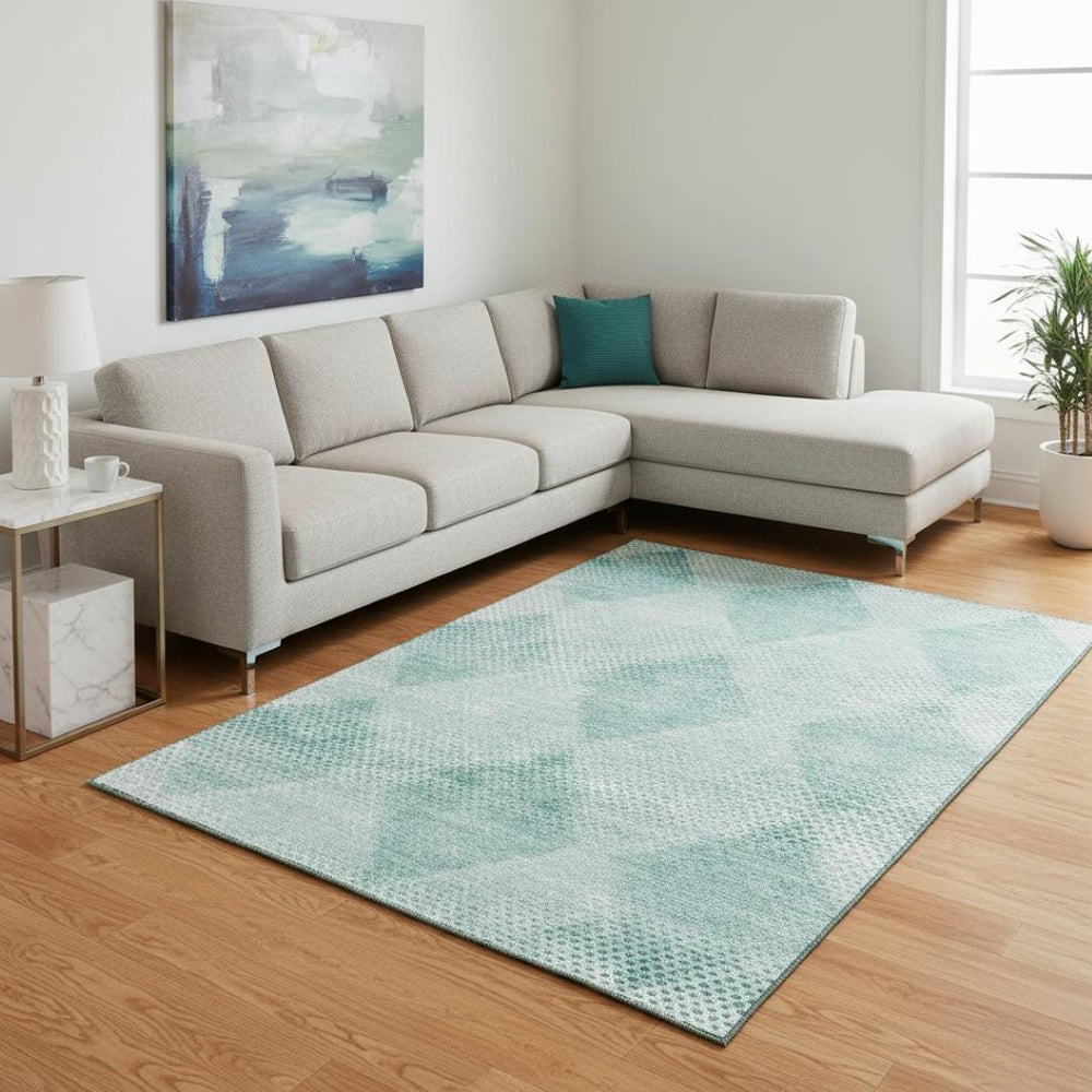 HomeRoots 8' X 10' Modern Teal and Ivory Geometric Area Rug - Washable, Stain-Resistant, UV Protected Design 648218