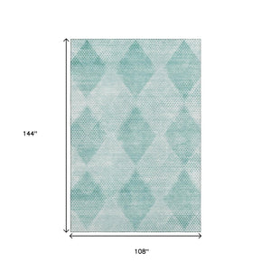 HomeRoots 9' X 12' Teal and Ivory Geometric Area Rug – Washable, UV-Protected, Perfect for Modern Homes! 648219