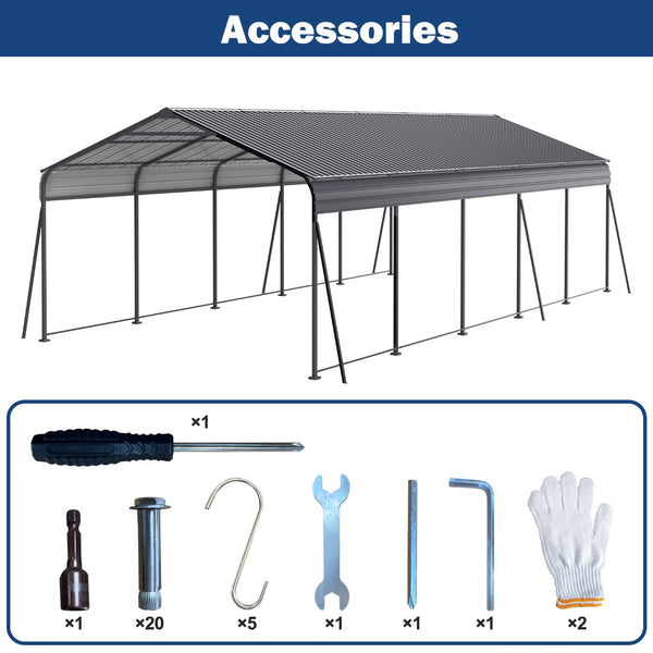 English Elm Metal Carport 13x26 Ft Galvanized Steel Frame Outdoor Vehicle and Boat Shelter W419S00062