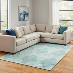 HomeRoots 10' X 14' Teal and Ivory Geometric Area Rug - Stylish, Washable, UV-Protected, Perfect for High-Traffic Spaces 648220
