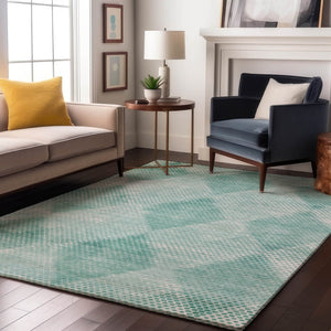 HomeRoots 10' X 14' Teal and Ivory Geometric Area Rug - Stylish, Washable, UV-Protected, Perfect for High-Traffic Spaces 648220