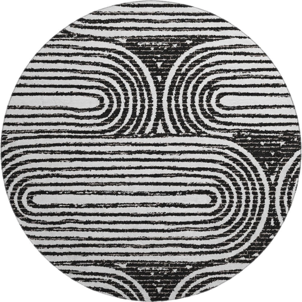 HomeRoots 8' Black And Ivory Geometric Round Rug - Washable, UV-Protected, Modern Design for High-Traffic Areas 648223