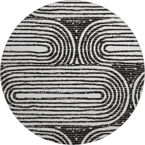 HomeRoots 8' Black And Ivory Geometric Round Rug - Washable, UV-Protected, Modern Design for High-Traffic Areas 648223