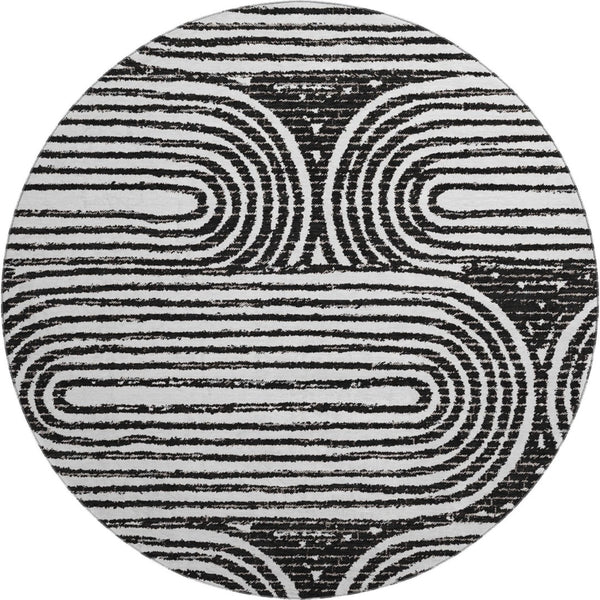 HomeRoots 8' Black And Ivory Geometric Round Rug - Washable, UV-Protected, Modern Design for High-Traffic Areas 648223