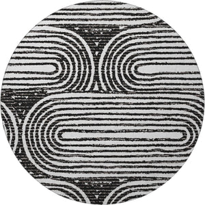 HomeRoots 8' Black And Ivory Geometric Round Rug - Washable, UV-Protected, Modern Design for High-Traffic Areas 648223