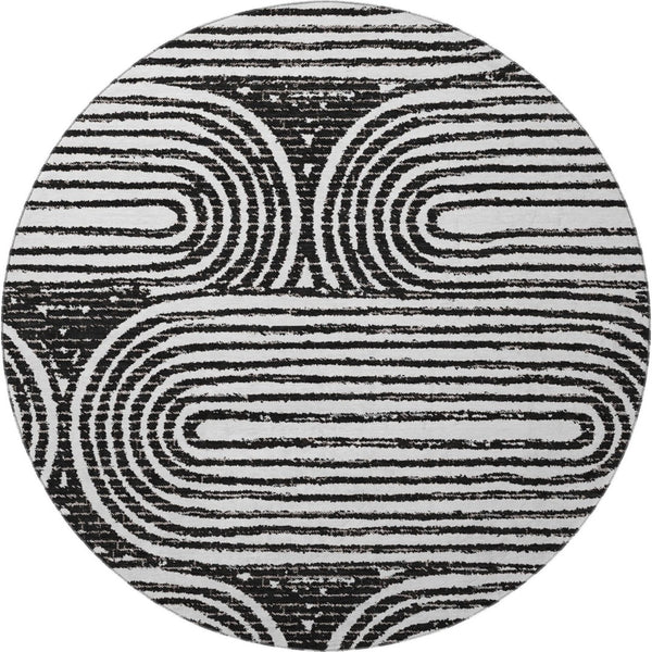 HomeRoots 8' Black And Ivory Geometric Round Rug - Washable, UV-Protected, Modern Design for High-Traffic Areas 648223