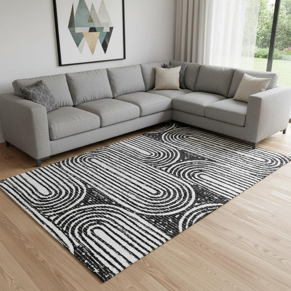HomeRoots 8' X 10' Black And Ivory Geometric Washable Area Rug - Durable, Stylish, UV-Protected for Any Space 648224