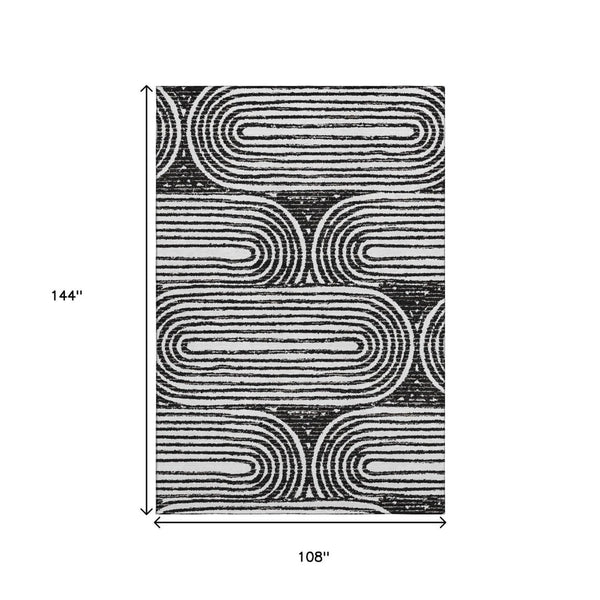HomeRoots 9' X 12' Black And Ivory Geometric Washable Area Rug - Durable, UV-Protected, Modern Style Accent Piece 648225