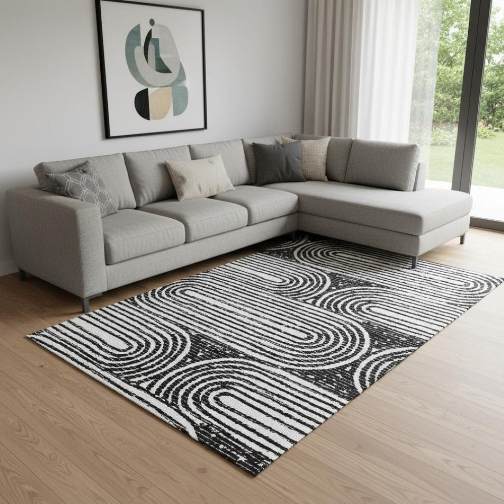 HomeRoots 9' X 12' Black And Ivory Geometric Washable Area Rug - Durable, UV-Protected, Modern Style Accent Piece 648225