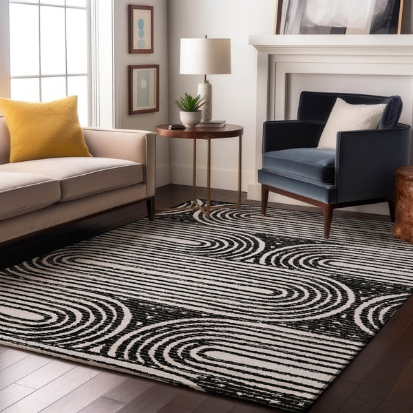 HomeRoots 10' X 14' Black and Ivory Geometric Area Rug - Stylish, Washable, UV-Protected, Pet-Friendly Design 648226